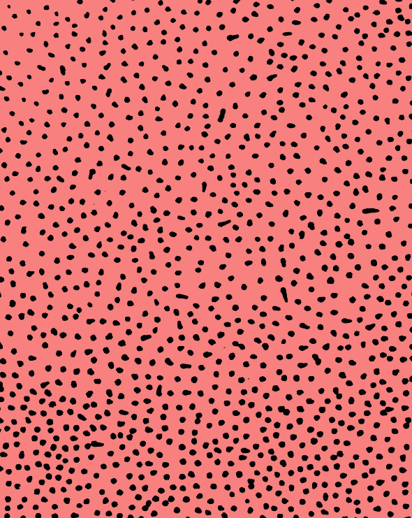 Black Dots on Coral intricate dot pattern art from the Dots series by Georgiana Paraschiv. A dense scatter of fine black dots and short marks on a bold coral-salmon background.