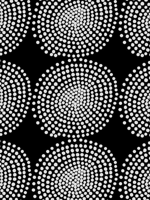 DOTTED SPIRALS intricate dot pattern art from the Dots series by Georgiana Paraschiv. White dots organized into multiple concentric spiral forms radiating outward on a solid black background.