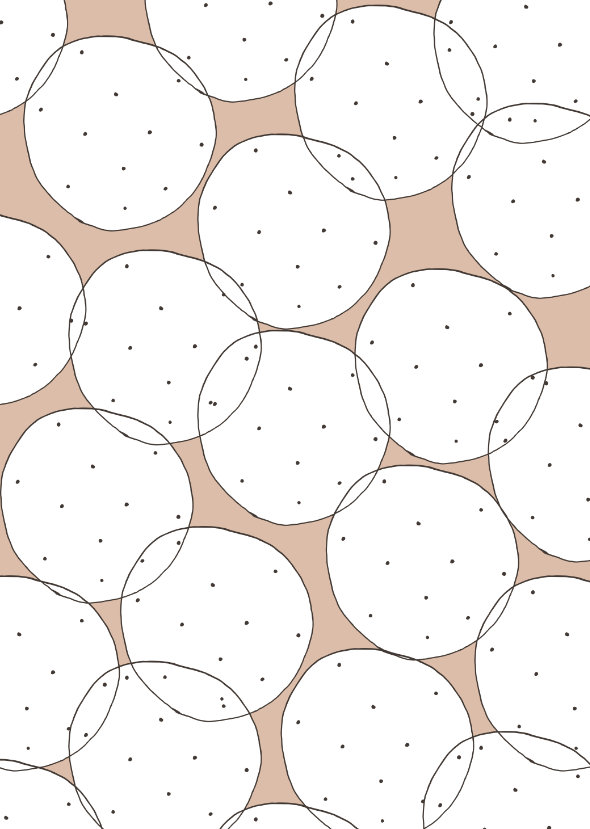 Dots & Circles intricate dot pattern art from the Dots series by Georgiana Paraschiv. Overlapping white outlined circles on a warm peach-terracotta background with a fine scatter of tiny black dots.