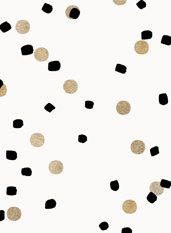 GB06 intricate dot pattern art from the Dots series by Georgiana Paraschiv. Black rounded squares and gold textured circles scattered in a loose, open arrangement on a warm cream background.