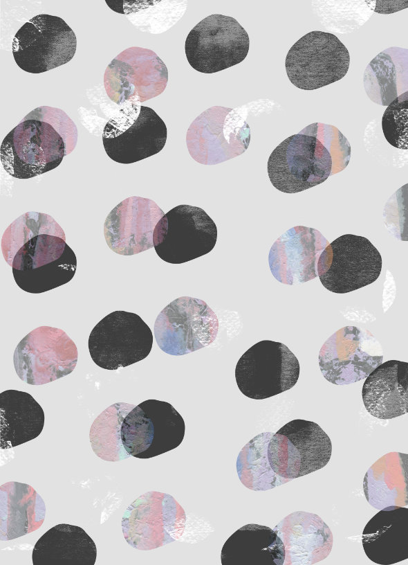 HT01 intricate dot pattern art from the Dots series by Georgiana Paraschiv. Large overlapping circles with layered collage textures in black, blush, lavender, blue, and amber on a light grey background.
