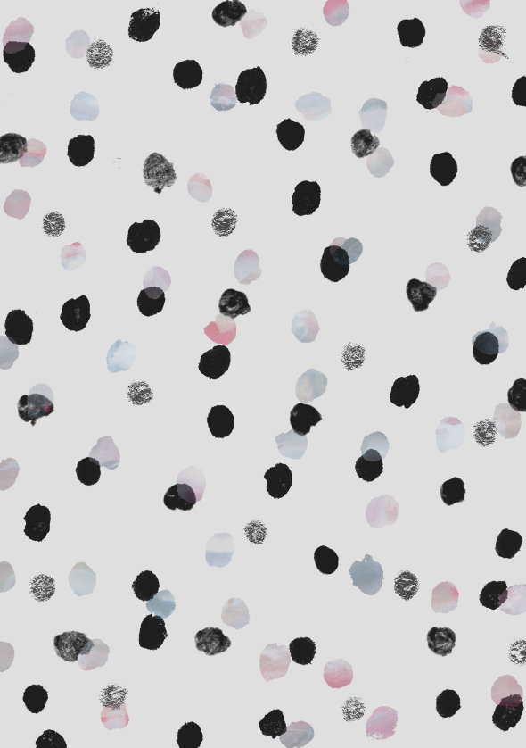 HT03 intricate dot pattern art from the Dots series by Georgiana Paraschiv. Mixed dot types in solid black, watercolor blush pink, pale icy blue, and grey on a soft light grey background.