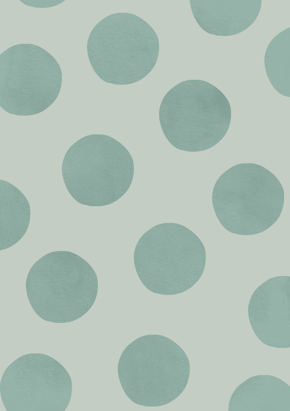 Japanese Bonsai Polka Dots intricate dot pattern art from the Dots series by Georgiana Paraschiv. Oversized muted teal and sage green circles in a calm, open arrangement on a soft pale mint-grey background.