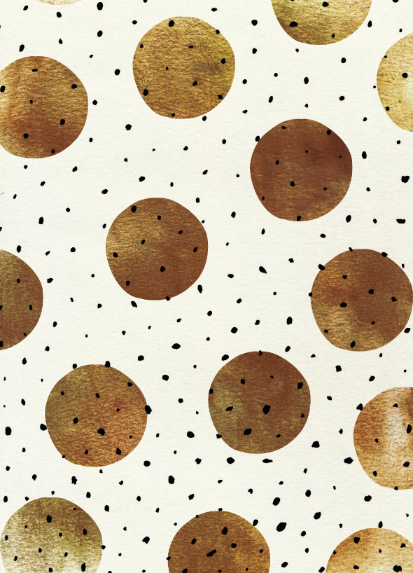 Mixed Dots intricate dot pattern art from the Dots series by Georgiana Paraschiv. Large golden-amber polka dots with small black dots layered over a warm cream background.