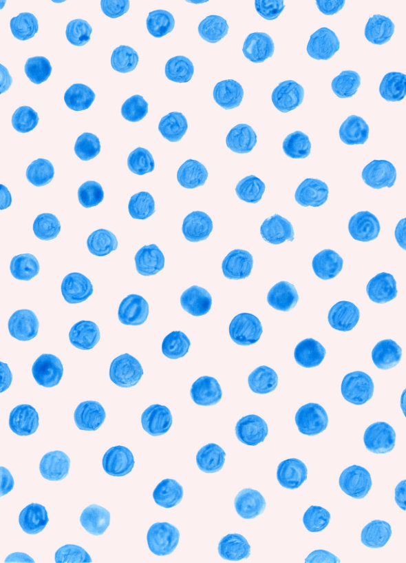 Painted blue dots intricate dot pattern art from the Dots series by Georgiana Paraschiv. Medium-sized blue dots with a swirled, impasto-like texture arranged in a loose scatter on a soft blush-cream ground.
