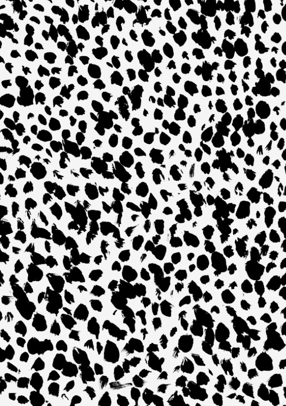 Playful Spots intricate dot pattern art from the Dots series by Georgiana Paraschiv. Bold, irregular black painterly spots with expressive brushstroke texture on white.