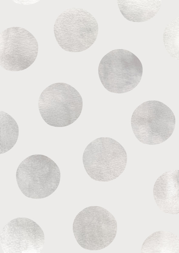 Silver Polka Dots intricate dot pattern art from the Dots series by Georgiana Paraschiv. Large silver circles with a delicate brushed metallic surface distributed in a loose scatter on a very pale grey background.