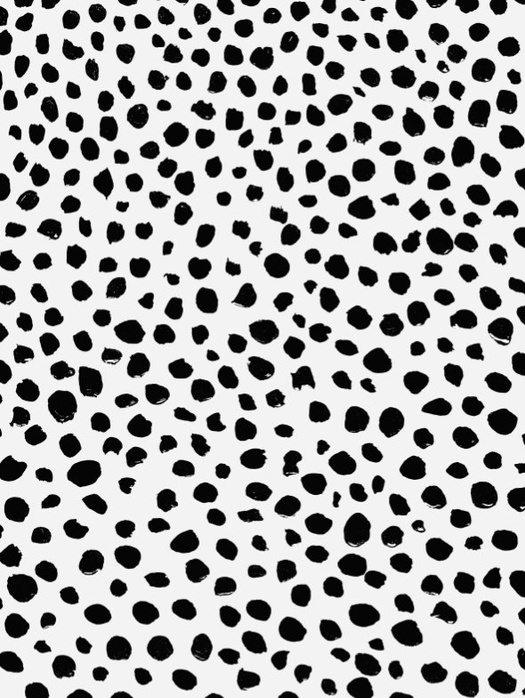 Spot Pattern intricate dot pattern art from the Dots series by Georgiana Paraschiv. Irregular hand-painted black spots in varying sizes scattered organically on a light gray background.