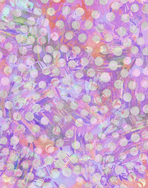 Spring intricate dot pattern art from the Dots series by Georgiana Paraschiv. Semi-transparent white polka dots overlaid on an energetic abstract background of purple, coral, pink, and iridescent paint marks.