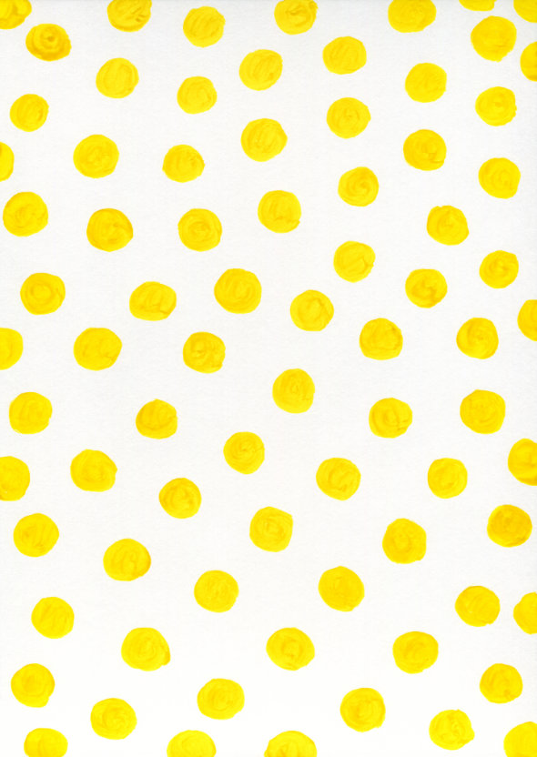 Sun Dots intricate dot pattern art from the Dots series by Georgiana Paraschiv. Bright yellow hand-painted dots with a swirled impasto texture scattered on a crisp white background.