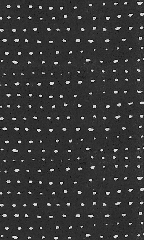 White Dots intricate dot pattern art from the Dots series by Georgiana Paraschiv. Small, slightly organic white dots in a regular but hand-drawn all-over arrangement on a deep dark charcoal background.