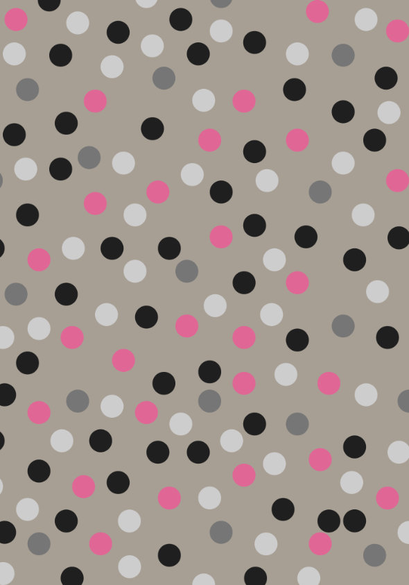 d.o.t.s. intricate dot pattern art from the Dots series by Georgiana Paraschiv. Evenly sized flat dots in black, white, magenta pink, and grey in an all-over scatter on a warm taupe-greige background.